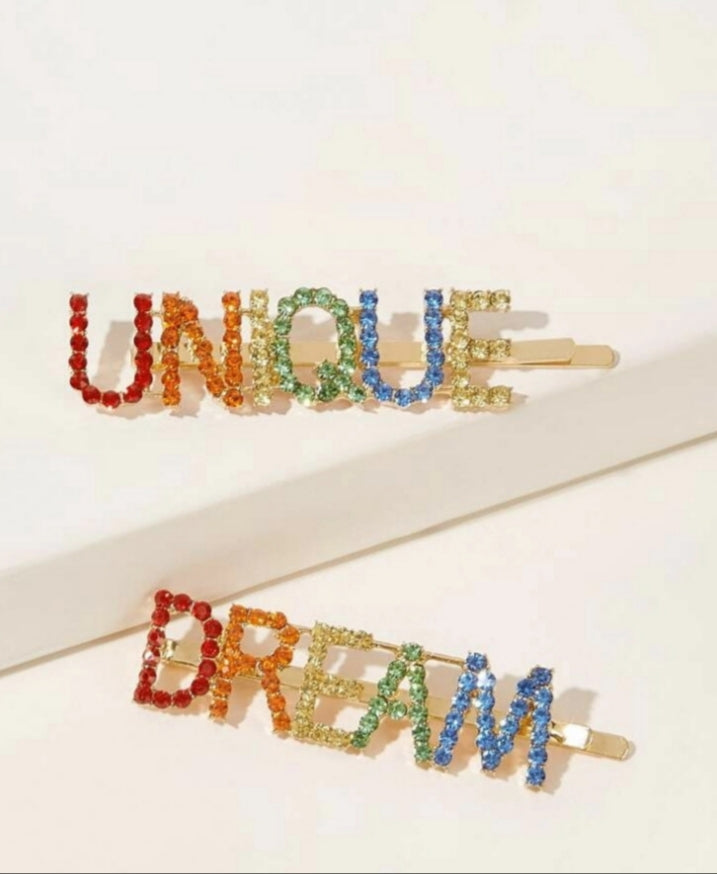 🌈Colorful Rhinestone Word 2 pc hair pin set